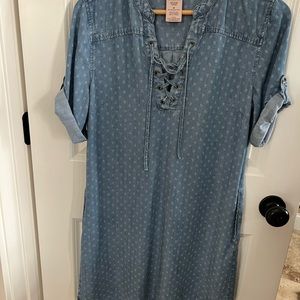 PHILOSOPHY Blue Denim Chambray Spring Lace Up Neck Short Sleeve Dress Size L Nwt